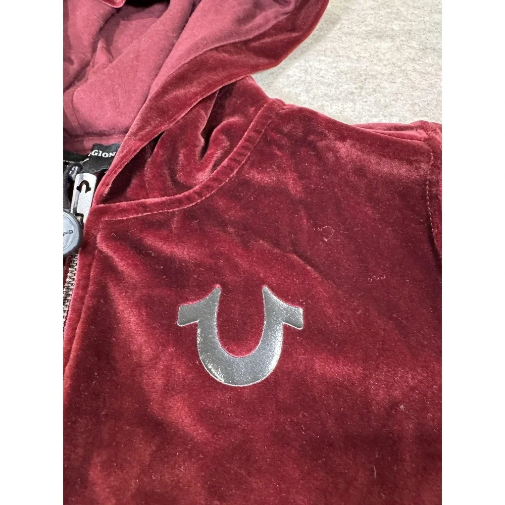 True Religion Hoodie Mens Medium Red Velvet Full Zip World Tour Back Graphic